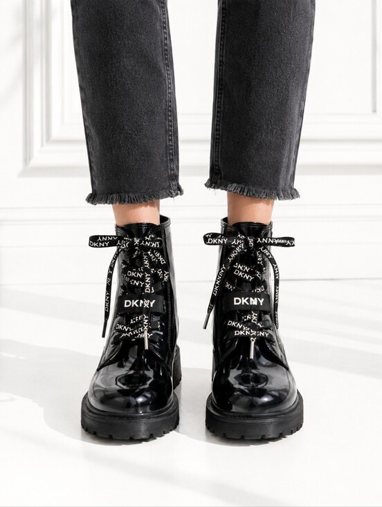 Dkny Shoes - DKNY Black Patent Combat Boots Size 38 Lug Sole Lace Up Ankle Boots